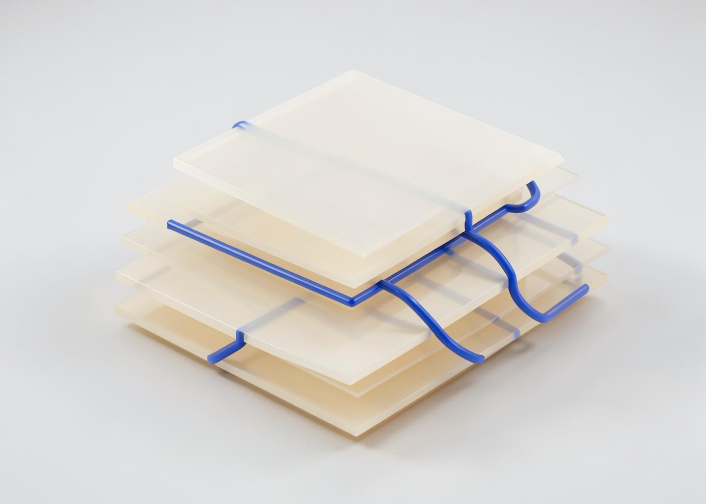 Abstract render of stacked translucent layers joined by blue conduits, representing cloud infrastructure tiers